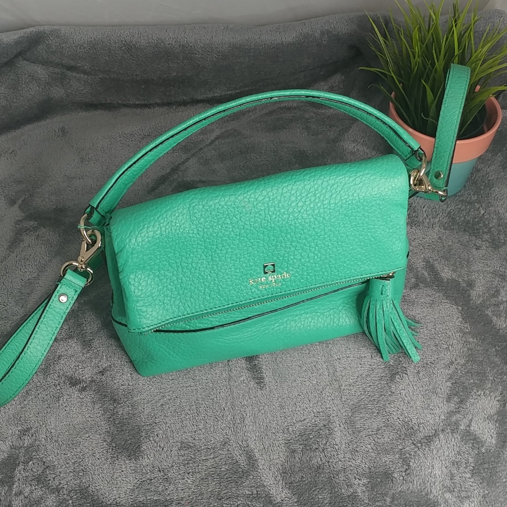 kate spade turquoise pebbled leather satchel with tassel - Picture 2 of 14